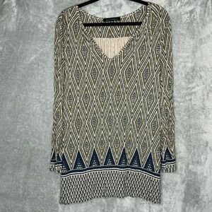 Jasmine & Juliana 2X Shirt Top Green Geometric Long Sleeve V‎ Neck Stretch Knit